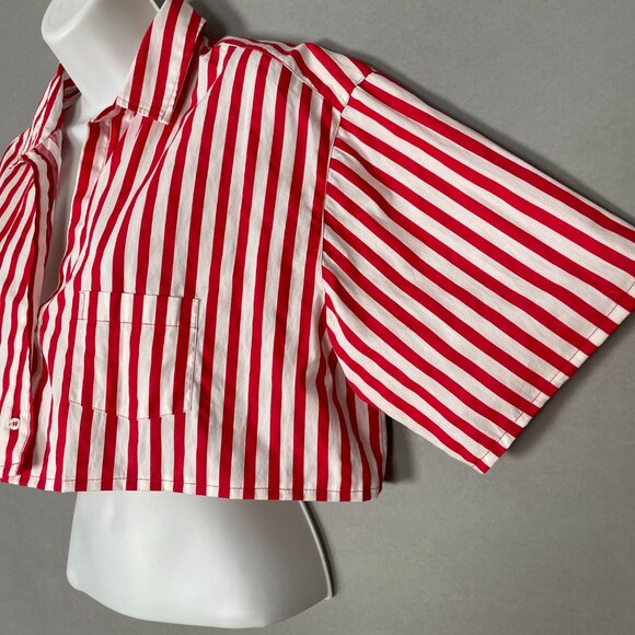 Zara Top Red White Stripes DIY Cropped Boxy Short Sleeves Button-Up Pocket - Picture 7 of 9